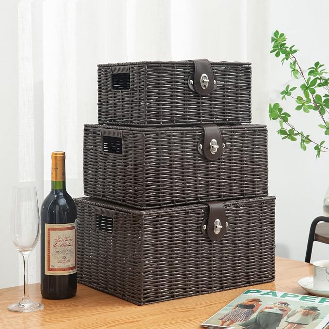 Set of 3 Woven Wicker Storage Basket Box with Lids & Lock, Built-in Carry Handles, Multifunctional Storage Organizer for Nursery, Baby, Clothes, Toys, Books, Large/Medium/Small Size (Brown)