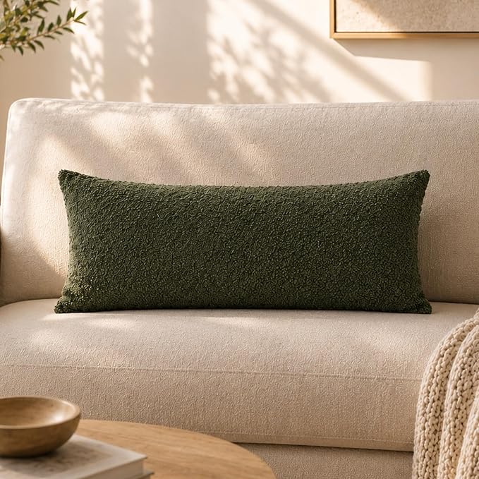 JoraLion 14x26 inch Boucle Lumbar Pillow Cover, Army Green Woven Texture Neutral Long Pillow Cover Breathable Cushion Case for Couch Sofa Bed Living Room Home Decor (Cover Only)