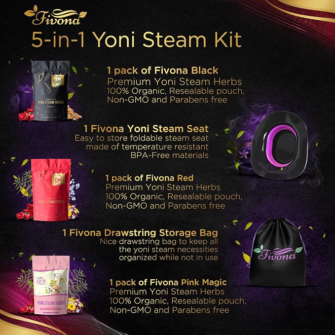 Fivona 5-in-1 Yoni Steaming Kit Foldable Over the Toilet Steamer Seat with Black Red Pink Premium Yoni Herbs and Storage Bag - Effective Detox pH Balance Cleansing and Relaxation - At Home V-SPA