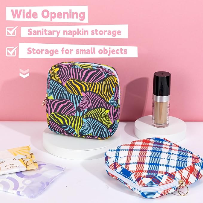 Period Bag Pouch Soft Cloth Sanitary Napkin Storage Bag Portable Menstrual Pad Pouches Tampon Holder for Purse First Period Kit for Girls 9-12 (Red-blue Stripes)