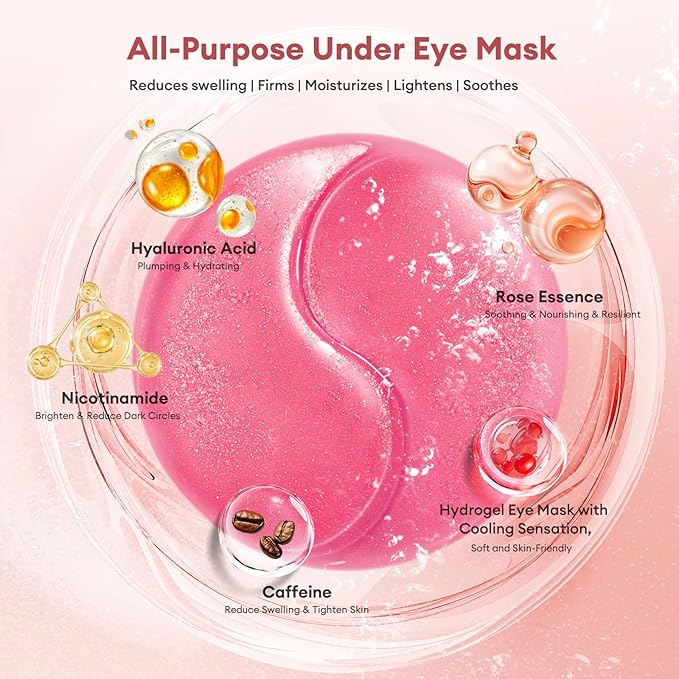 Under Eye Patches Gold Essence Hydrogel Eye Masks for Puffy Eyes and Dark Circles Caffeine Hyaluronic Acid & Niacinamide Deep Hydrating Eye Mask for Men & Women 60 PCS (Rose-pink)