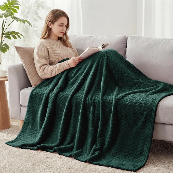 Exclusivo Mezcla Soft Fleece Blanket Queen Size for Bed, Sofa, Forest Green | 90"x90" Breathable Lightweight Flannel Blanket for Summer, Plush Cozy Jacquard Wave for Home Decor
