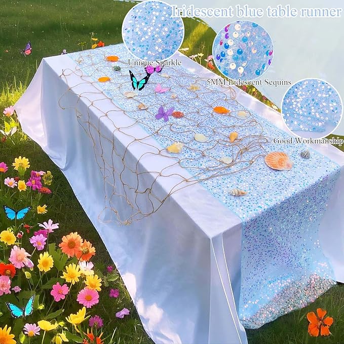 Blue Sequin Table Runner, 10 Ft 1 Pack, Perfect for 6 - 8 Ft Tables, Iridescent Table Runner 120" x 17" 1 Pack for Wedding Baby Shower Birthday Decorations