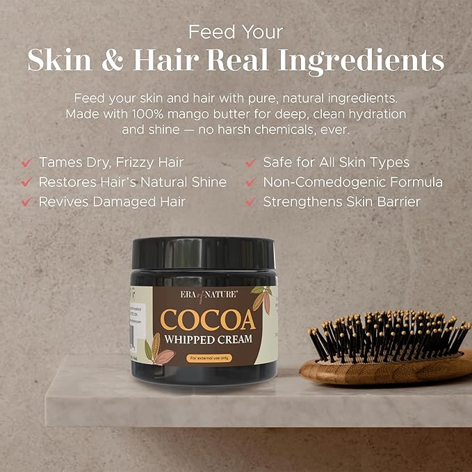 era of nature Cocoa Whipped Body Cream for Women 16oz - Lightweight Whipped Lotion with Natural Cocoa - Non-Greasy Body Butter Cream Lotion & Balm Moisturizer for Face, Hair & Dry Skin, Vegan Skincare