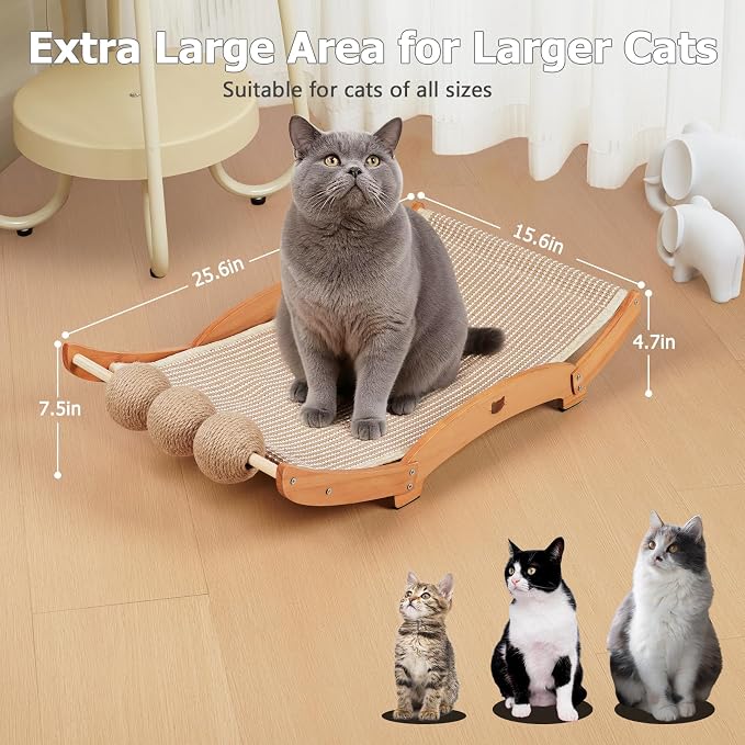 3 in 1 Sisal Cat Scratcher Bed, Solid Pine Cat Scratcher with Balls (Wood) | Extra Large Cat Scratching Post with Hammock, Cat Scratcher for Scratch & Play & Rest, Cat Furniture for Indoor Cats, Kitten