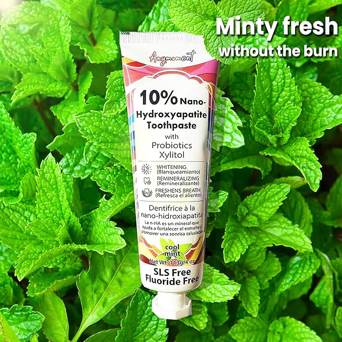 Anymoment 10% Nano Hydroxyapatite Toothpaste (Fluoride Free), Whitening*, Supports Enamel Care*, Appropriate for Sensitive Teeth*, SLS Free, Xylitol nHA Toothpaste for Adults, Mint 4oz