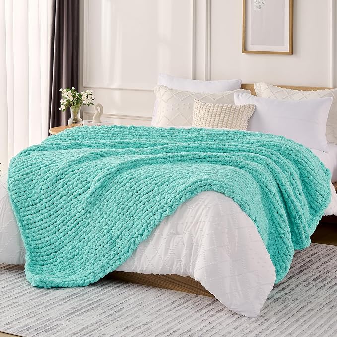 L'AGRATY Chunky Knit Throw Blanket for Couch, 50 x 60 Inches, Lake Blue | Handmade Chenille Crochet Blanket for Sofa Bed, Thick Cable Knitted Blankets for Room Home Decor, Birthday Gift for Women Mom
