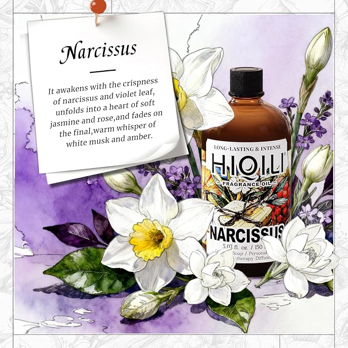 HIQILI Narcissus Fragrance Oil for Diffuser, Candle & Soap | Highly Concentrated for DIY & Perfume Making, Fresh Floral Aroma Fills Any Space, Long-Lasting Scented - 5.07 fl oz