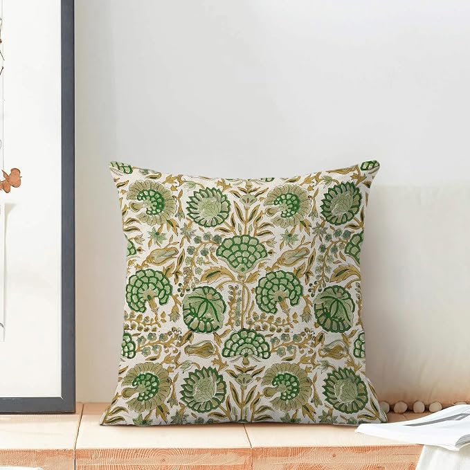 Block Print Pillow Covers 18x18 Inch Pack of 2 Boho Sage Green Yellow Floral Decor Throw Pillow Covers Spring Summer Flower Pillowcase Outdoor Farmhouse Decorative Cushion Cover for Home Sofa