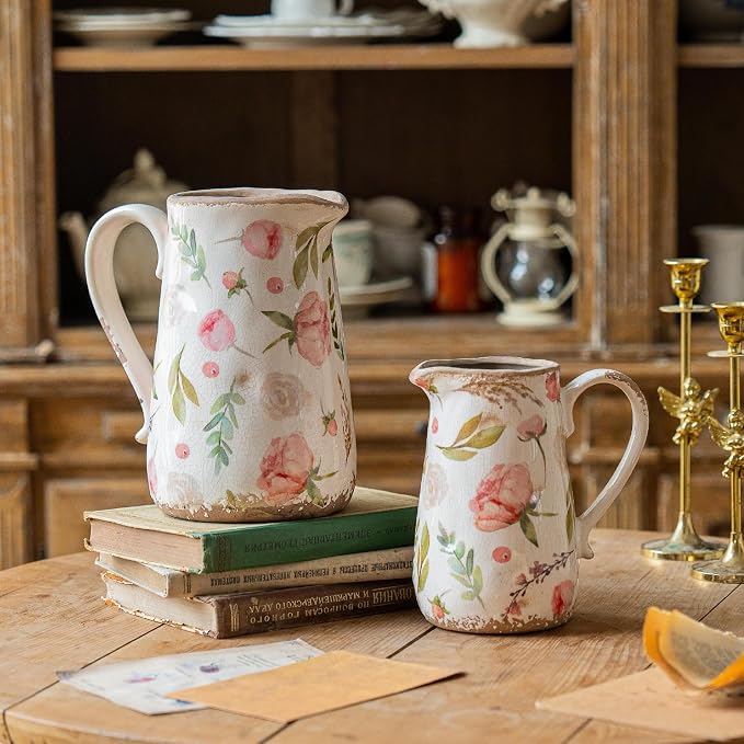 Vintage Fruit and Floral Ceramic Vase with Handle, Retro Ice Glazed Crack Farmhouse Pitcher Vase for Home Decor, Living Room, Shelf, Office, Rustic Table Centerpiece 7 Inch