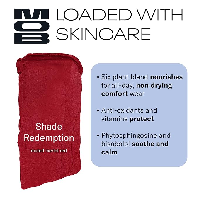 MOB Beauty Soft Matte Lipstick Redemption – Muted Merlot Red | Weightless, One-Swipe Color Infused with Skincare | Vegan, Silicone-Free, Cruelty-Free Formula in a Biodegradable Capsule