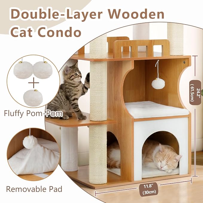 Modern Cat Tree Tower, 2-Layer Condo & Perch, Big Hammock 102WB | 70.9''Wooden Cat Tower House Large Platform with Safe Guardrail for Indoor Cats Adult, All Sisal Scratching Post, Walnut