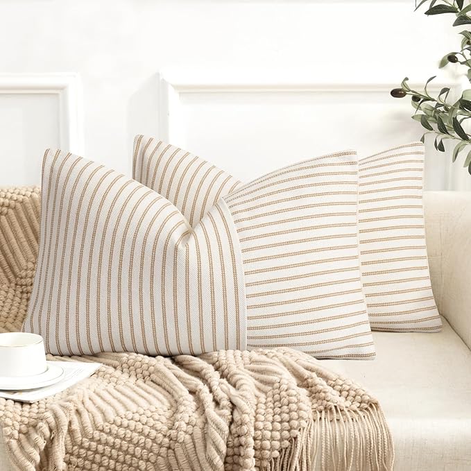 YCOLL Farmhouse Pillow Covers 12x20, Modern Accent Lumbar Throw Pillow Covers Set of 2, Khaki and Beige Striped Patchwork Linen Decorative Pillows Cushion Covers for Couch Chair Bedroom Home Decor