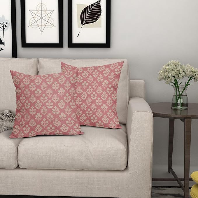 Pink Floral Block Print Pillow Covers 16x16 Inch Set of 2, Vintage Flower Pattern Decorative Throw Pillowcases Outdoor Farmhouse Cushion Covers Spring Summer Rustic Sofa Couch Bed Decor