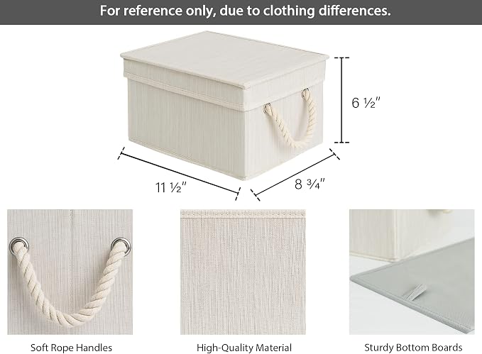StorageWorks Storage Bins with Lids, Decorative Storage Boxes with Soft Rope Handles, Foldable Stackable Storage Baskets for Closet, Shelves, 3-Pack, Ivory and White, Medium