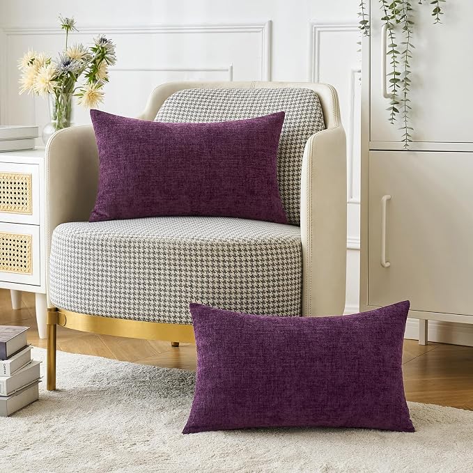 MIULEE Soft Chenille Lumbar Throw Pillow Covers Plum Purple 12x20 Inch | Pack of 2, Modern Decor, Classic Decorative Pillows, Solid Dyed Cases, Boho Couch Cushion Covers for Sofa Bed Living Room