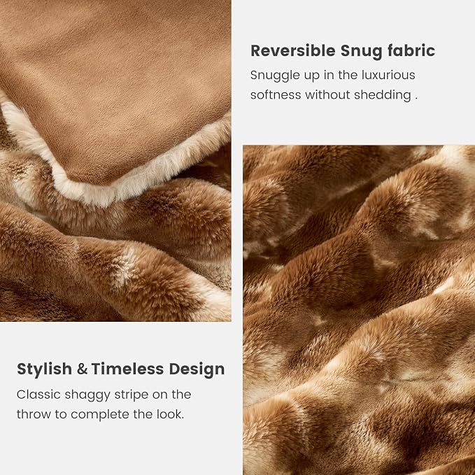 Cozy Bliss Deluxe Striped Rabbit Faux Fur Throw Blanket, Soft Fluffy Warm Plush Blanket for Winter, Modern Homr Decor, Tie-dye Brown 60"x80"