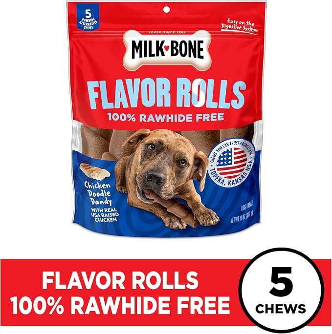 Milk-Bone Flavor Rolls Dog Chews, Chicken Doodle Dandy, 5 Count | 11-oz. bag, Rawhide-free dog chews, Made with real chicken