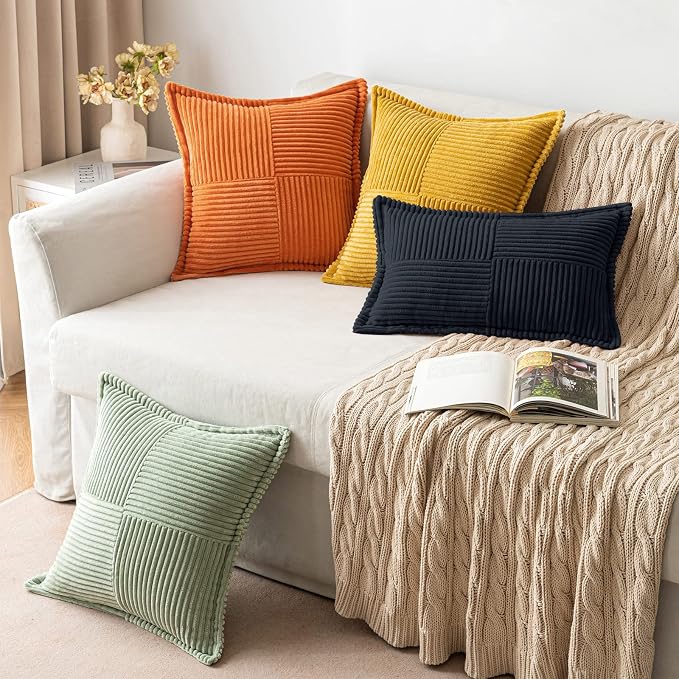 MIULEE Decorative Throw Pillow Covers for Couch 20x20 Inch Black 2 Pack | Boho Broadside Striped Patchwork Pillow Covers, Soft Corduroy Cushion Cases, For Sofa Bed Livingroom Home Decor