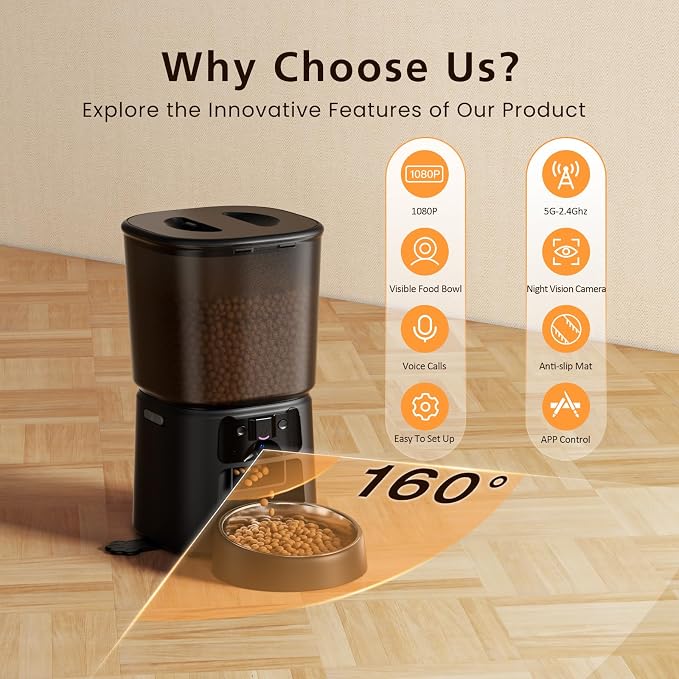 Automatic Cat Feeder with Camera, 4L WiFi Smart Pet Feeder with APP Control, 1080P HD Video,Night Vision,Voice Call, Motion Detection, Dual Power Supply, Supports 5GHz/2.4GHz,for Dogs Cats, Small-Pet