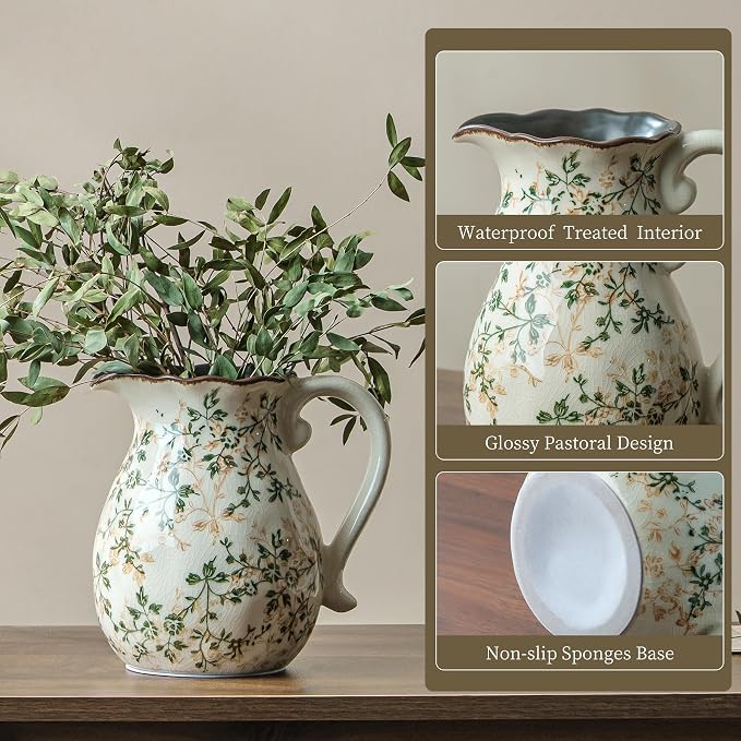 Ceramic Flower Vase for Home Decor, Vintage Green Pitcher Vase 8 Inch | Rustic Farmhouse Floral Vase for Kitchen, Coffee Table, Living Room, Mantel, Bookshelf, Entryway, Wedding Centerpiece