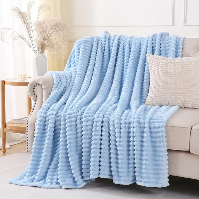 Light Blue Throw Blanket for Couch Sofa 50x70 inches Striped Design | Fleece Blankets Room Home Decor Lightweight Plush Soft Cozy Gifts for Women Mom