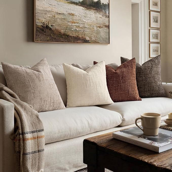 MIULEE Chenille Textured Throw Pillow Covers Oatmeal 18x18 Set of 2 | Slubby Decorative Pillows, Boho Farmhouse Home Decor, Modern Neutral Cushion Covers for Couch Sofa Bed Living Room