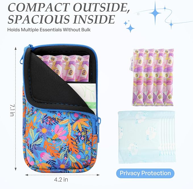 KJQJLY 2 Pack Portable Tampon Organizer Bag Tampon Holder & Storage Case with Zipper for Travel, Discreet Period Bag for Purse, Waterproof Feminine Products Pouch for Women (Flower)
