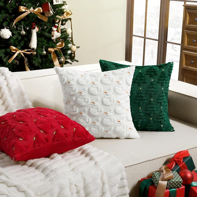 Softalker Christmas Throw Pillow Covers 18 x 18 Inch Set of 2, Xmas Winter Christmas Tree Faux Fur Cushion Covers, 3D Embroidered Pillow Cases for Couch Bedroom Living Room Decor, Green