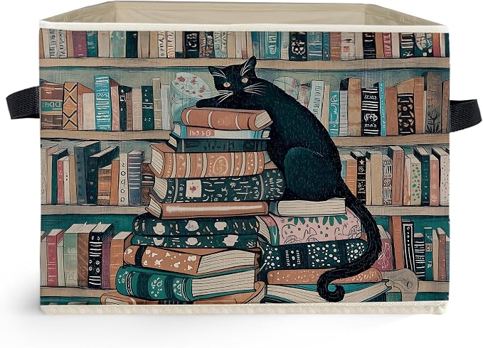 Witchy Black Cat Book Storage Box Bins, Reading Corner Nook Room Decor, Mystical Bookish Cat Collapsible Storage Basket Organizer for Home Library Classroom Clothes Books
