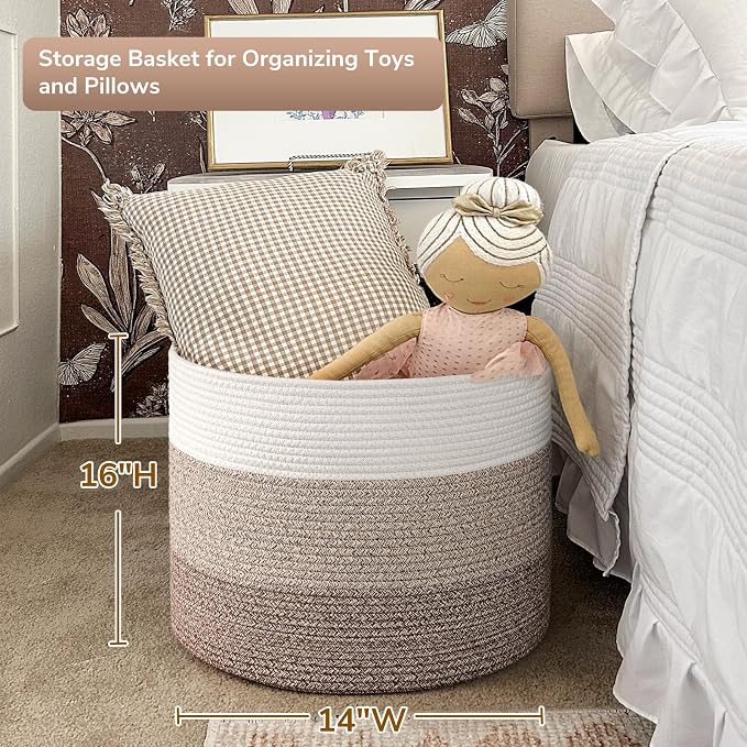 Goodpick Woven Basket for Blankets & Toys, Nursery & Living Room Decor, 45L | 15.8 x 15.8 x 13.8 In Baby Toy Storage Basket for Nursery, Blanket Basket for Living Room, Toy Bin, Light & Brown