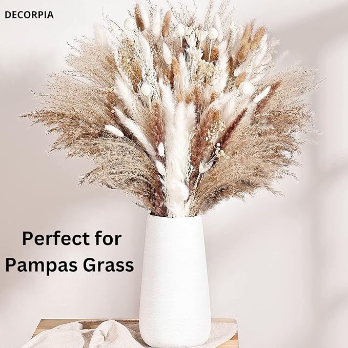 DECORPIA White Ceramic Vase - Modern Flower Vase for Home Decor - Cute Vase for Pampas Grass - Desk Aesthetic Room Decor- Farmhouse Decor - Living Room - Dining Table - Office - Kitchen Shelf