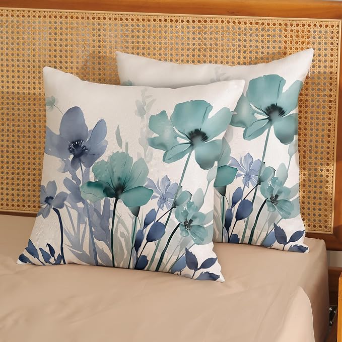Spring Floral Pillow Covers 18x18 Inches Set of 2 Blue Teal Floral Throw Pillow Cover Outdoor Summer Flower Decoration Pillowcase Farmhouse Decorative Square Cushion Cover for Home Couch Sofa