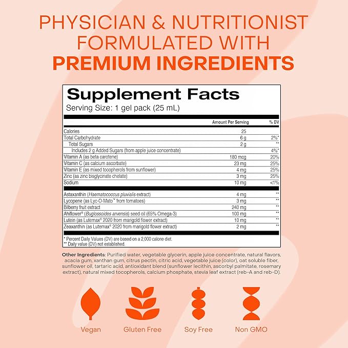 Healthycell Eye Health Daily Liquid Supplement - Eye Vitamins & Minerals with Lutein, Zeaxanthin, Astaxanthin & Beta Carotene for Sight Care & Macular Support - 30 Gel Packs