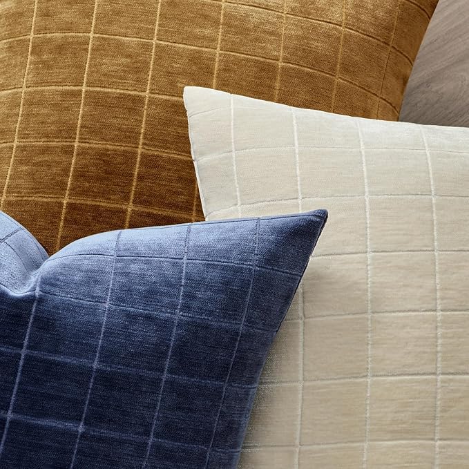 MIULEE Navy Blue Plaid Decorative Euro Throw Pillow Covers 22x22 Set of 2 | Vintage, Check Chenille Couch Pillows, Neutral Boho Farmhouse Cushion Covers, Modern Home Decor for Sofa Bed Living Room