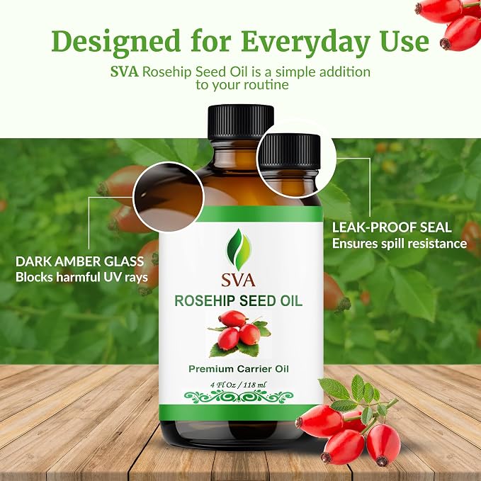 SVA Rosehip Seed Oil 4 Fl Oz - for Face, Skin Care, Hair Care, Scalp Massage & Body Massage – Carrier Oil with Dropper