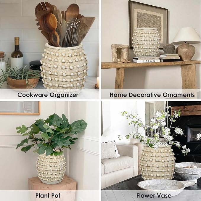 Rustic Farmhouse Vase, Boho Beige Vase for Pampas Grass Large Textured Knotted Vases for Flowers Decorative Cement Floral Vases for Home Decor, Living Room, Dining Table
