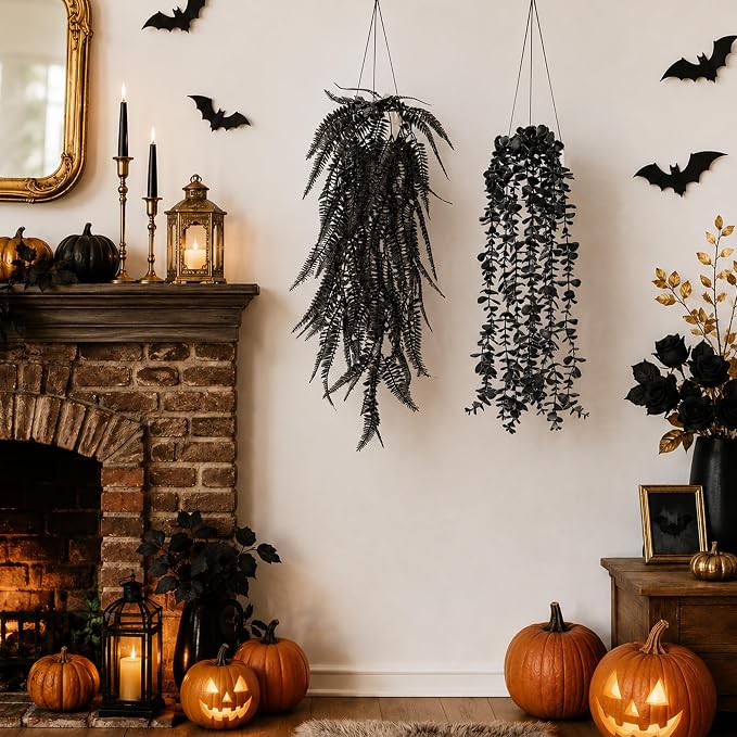 Der Rose 4 Pcs Fake Hanging Plants for Halloween Bathroom Decor Indoor | Black and purple party decorations for gothic halloween decor, bathroom shelves, covered porches and Halloween mantel decor