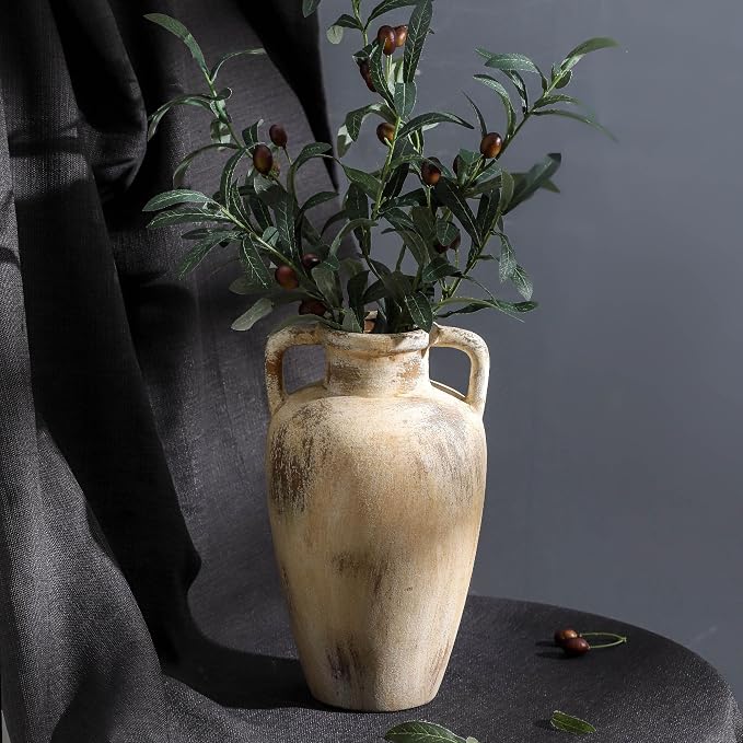 Ceramic Flower Vase, 11.41 Inch Tall Farmhouse Vase with Handles | Terracotta Rustic Vase Adds Farmhouse Charm to Living Room, Entryway,Shelf,Table Decor, Perfect for Wedding and Home Gifts