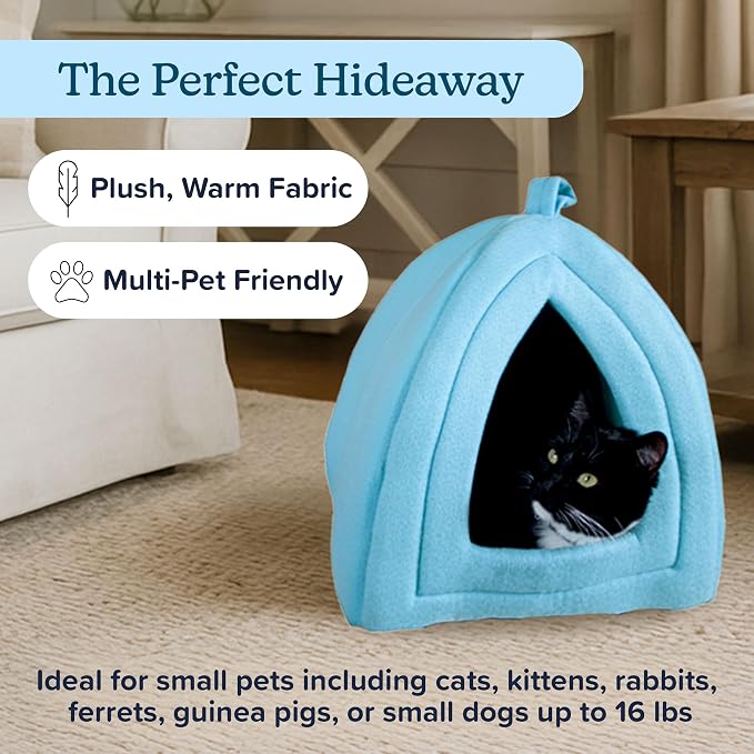 PETMAKER Cat House Indoor Bed with Removable Foam Cushion, Blue | Plush Cat Tent Bed for Small Kittens, Rabbits, Guinea Pigs, and Other Small Animals, Comfortable Cozy Pet Hideaway