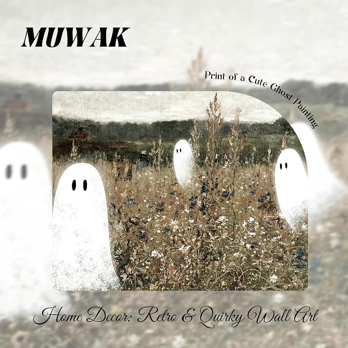 Framed Vintage Halloween Wall Art, Cute Ghost Meadow Painting, Rustic Landscape Canvas Halloween Wall Decor, Aesthetic Spooky Ghost Wall Art for Living Room Bedroom Bathroom 8x10 inch