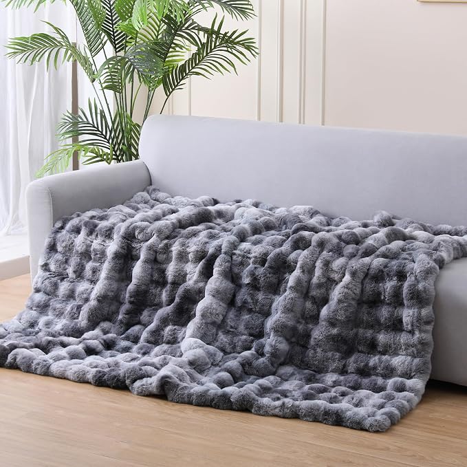 Super Comfort Oversized Warm Thick Bubble Luxury Plush Rabbit Faux Fur Throw Blanket, Fluffy Blanket,Soft Cozy Blanket for Couch Chair Bed Sofa Living Room (Tie-Dye Grey, 50inX60in)