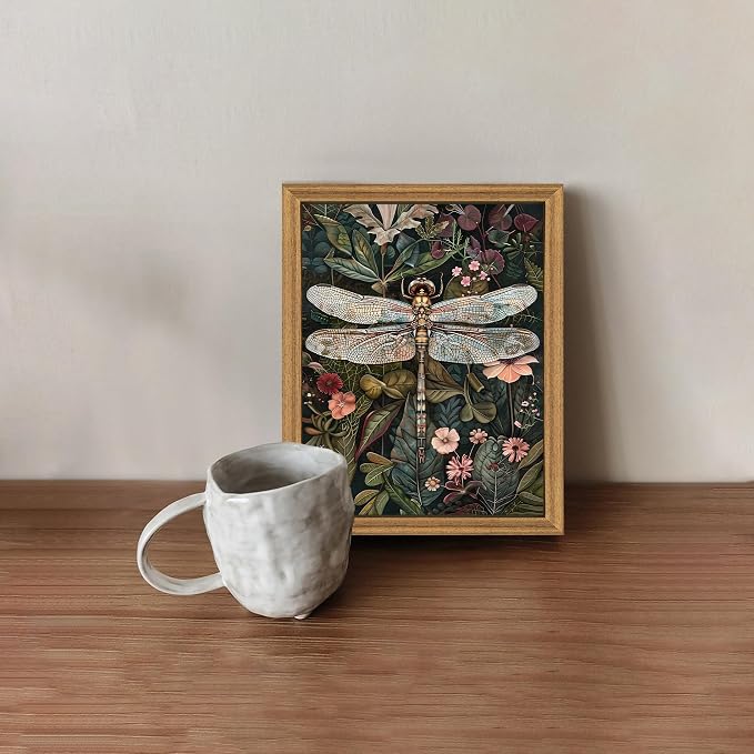 ICHZUMW Framed William Morris Vintage Dragonfly Canvas Wall Art 8x10 In | Dark Green Botanical Prints, Antique Aesthetic Wildflower Wall Decor for Bedroom Living Room Bathroom Office, Ready to Hang