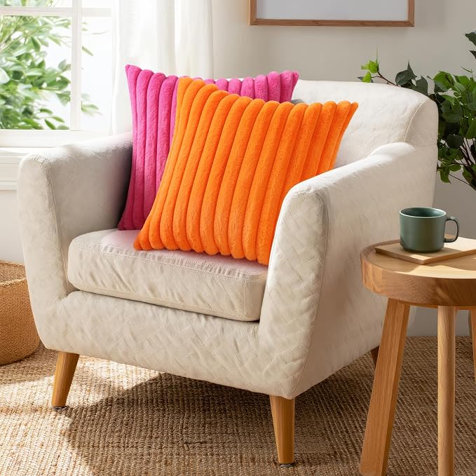 Pallene Faux Fur Decorative Throw Pillow Covers 20x20 Set of 2, Hot Pink | Luxury Plush Texture, Striped Design, Cozy Soft Touch, Modern Home Accent Decor for Couch, Sofa, Bed, Living Room