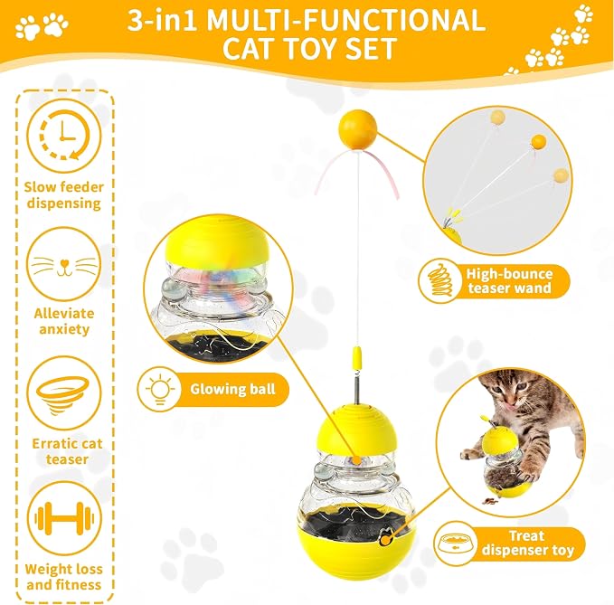 Interactive Wobble Cat Toy Slow Food Treat Dispenser for Cat, Yellow
