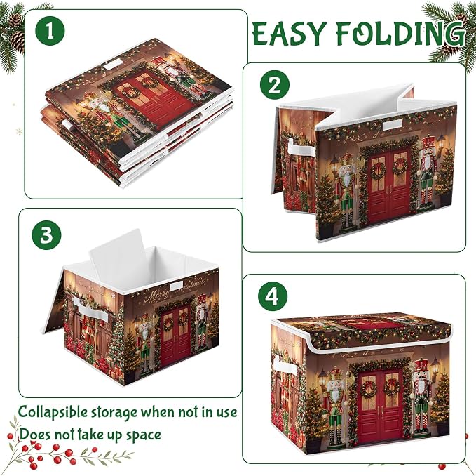 Briwooody Christmas Nutcracker Storage Bin with Lid and Carrying Handle Red Christmas Storage Box Large Xmas Nutcracker Decorative Collapsible Container Basket for Organizing Closet Home Bedroom Gift
