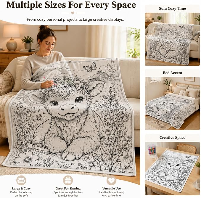 VEELU DIY Coloring Blankets with 24 Colors Markers for Adults | Custom Color In Your Own Blankets With 24 Colors Markers, Snuggle Color Sketch Washable Blankets Kit Home Decor