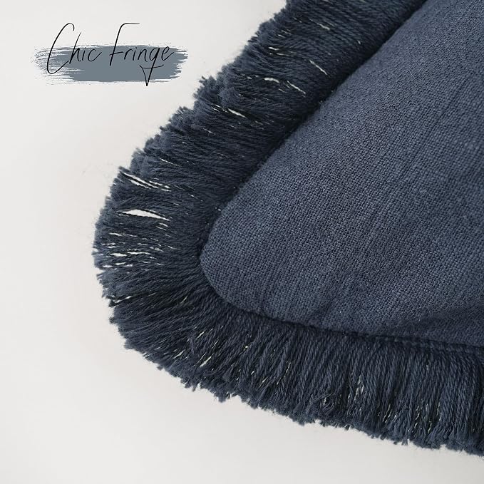 Foindtower Set of 2 Decorative Linen Fringe Throw Pillow Covers Cozy Farmhouse Boho Cushion Cover with Tassels Soft Accent Pillowcase for Couch Sofa Bed Living Room Home Decor 20×20 Inch Navy Blue