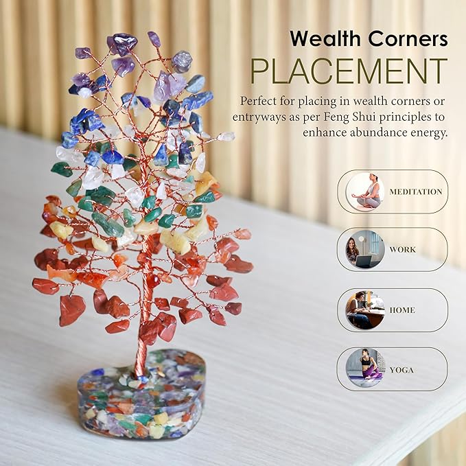 Crocon Crystals Heart Shape Base Tree 7 Chakra Healing Stones Reiki Crystals Spiritual Positive Energy Home Room Office Desk Decor Pink Gifts for Women Men & Mom Birthday Presents Unique