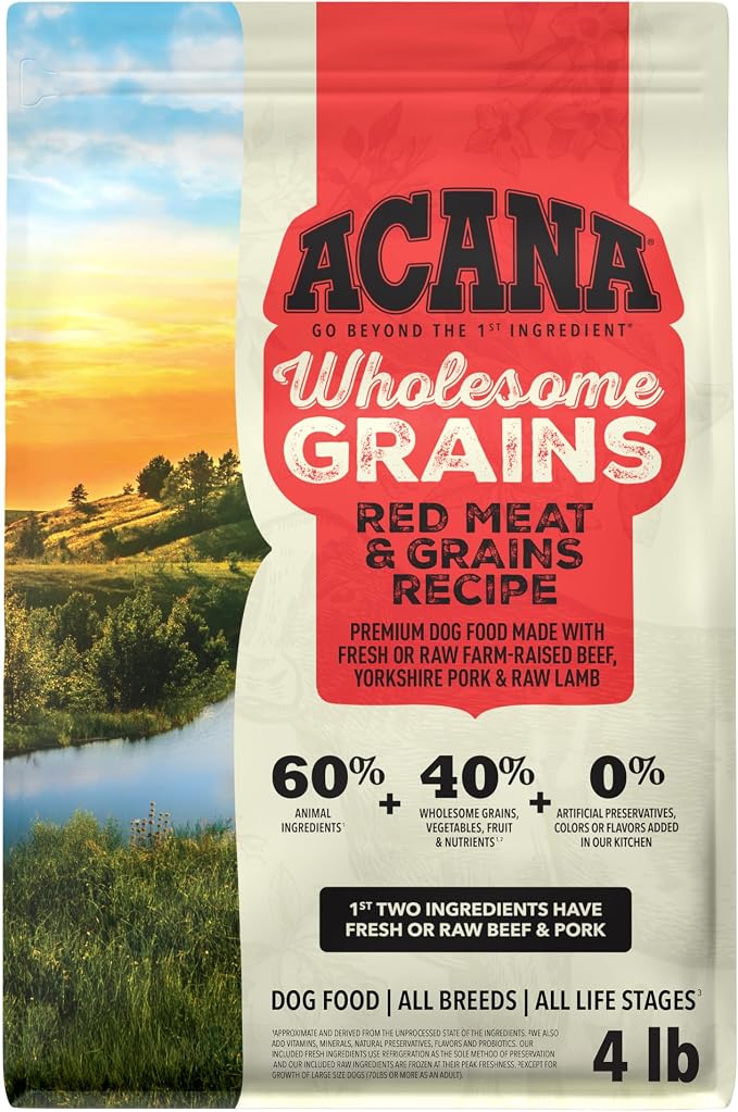 ACANA Wholesome Grains Dry Dog Food Red Meat & Grains 4lb Bag | Gluten Free, High Protein, Made in the USA, Includes Probiotics, Omega-3 Fatty Acids, Global Quality Ingredients